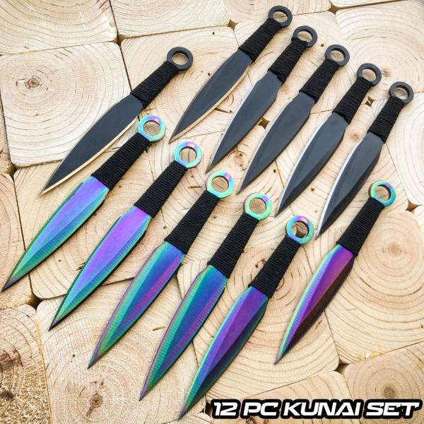 12PC 6.75" Black Rainbow Tactical Ninja Throwing Blade Knife Kunai Naruto Knives