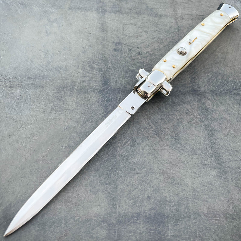 13" Big Boy Auto Italian Stiletto (MASSIVE KNIFE) White Pearl Handle - BLADE ADDICT
