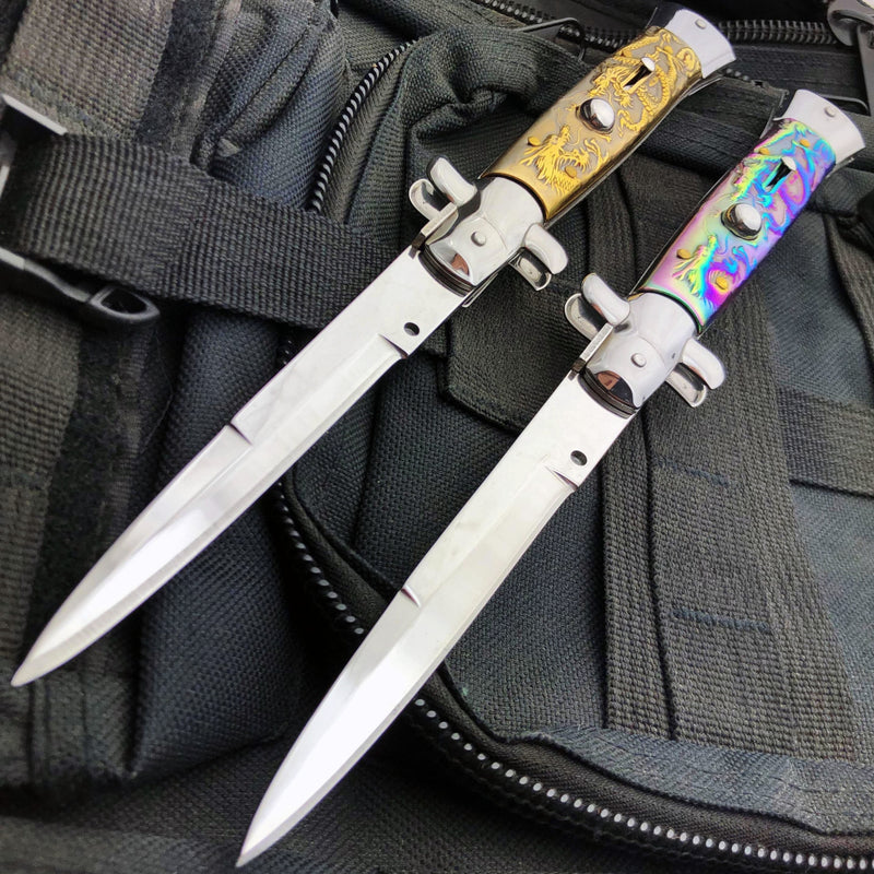 9.5" Italian Style Stiletto Switch Blade Pocket Knife Dragon