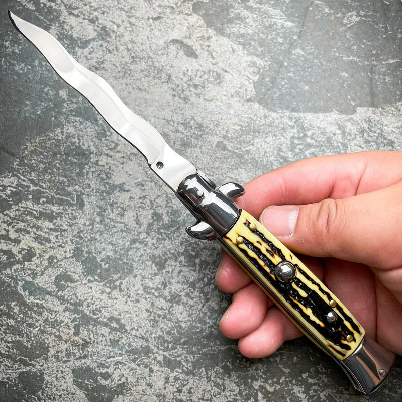 8.75" Italian Stiletto Switch Kris Blade Pocket Knife Stag - BLADE ADDICT