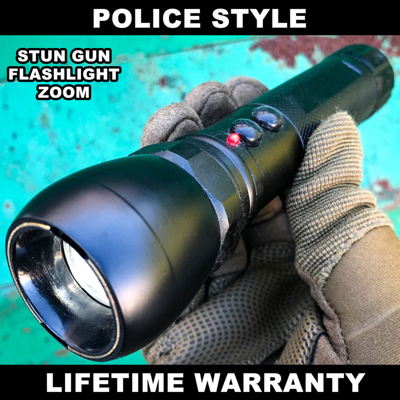 Metal POLICE Stun Gun 999MV Rechargeable LED Zoom Flashlight w/ Case BLACK