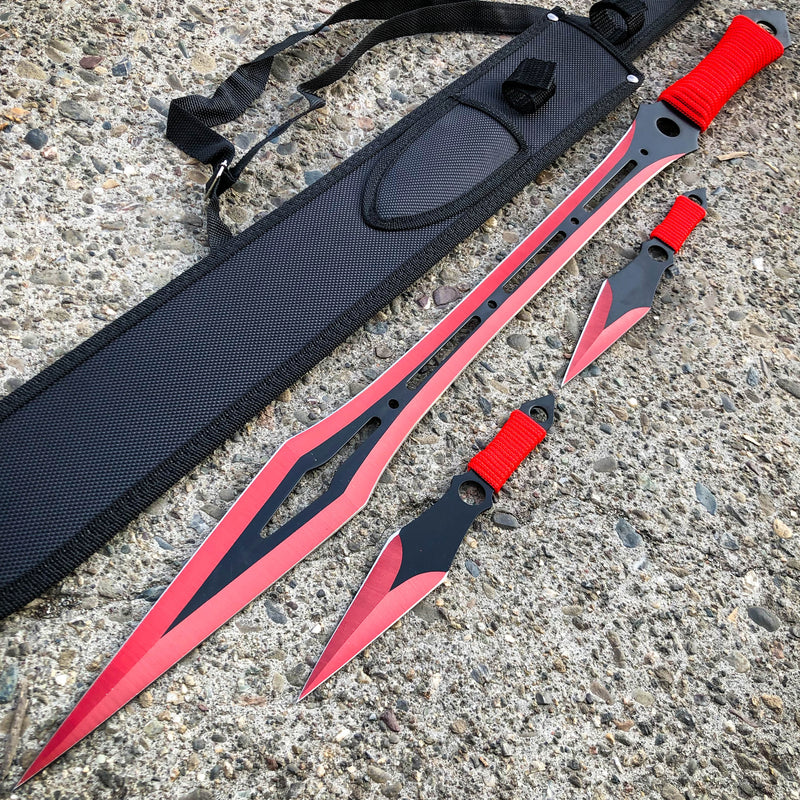 27" Ninja Machete Sword w/ 2 Throwing Knife  + Sheath Set