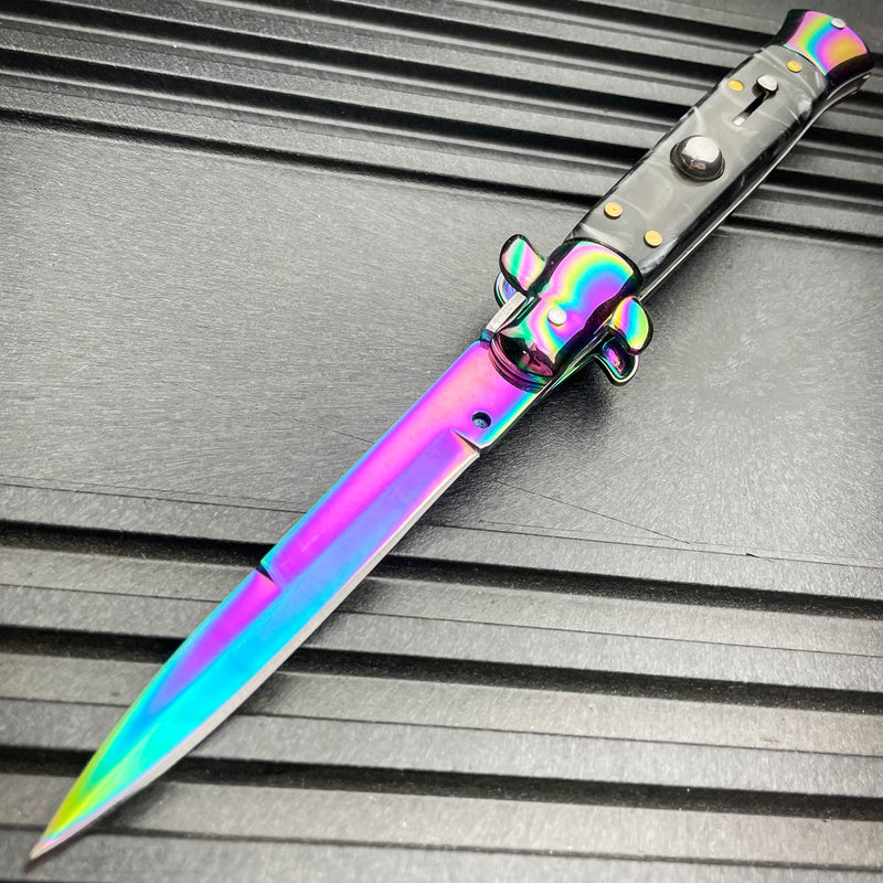 8.75" Italian Stiletto Switch Blade Pocket Knife Rainbow - BLADE ADDICT
