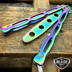 High Quality  RAINBOW Practice BALISONG METAL BUTTERFLY Steel Trainer Knife NEW
