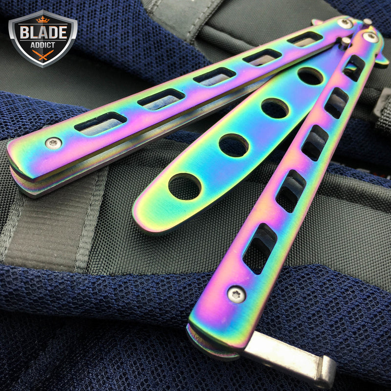 New Rainbow Practice BALISONG METAL BUTTERFLY RAINBOW Steel Trainer Knife Tool