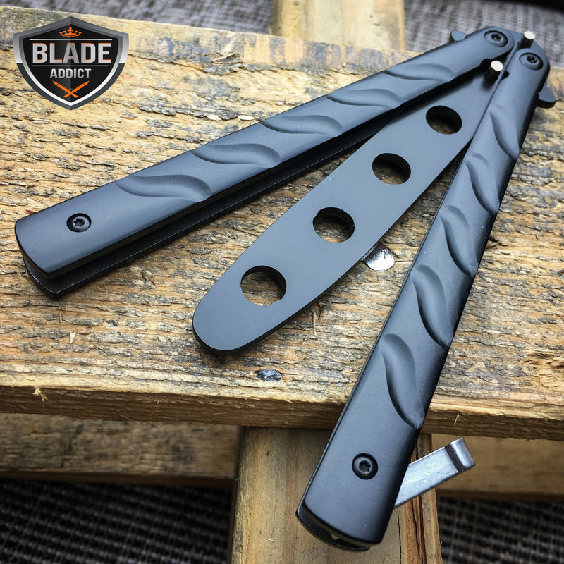High Quality Practice BALISONG METAL BUTTERFLY Dull BLADE Trainer Knife BLACK