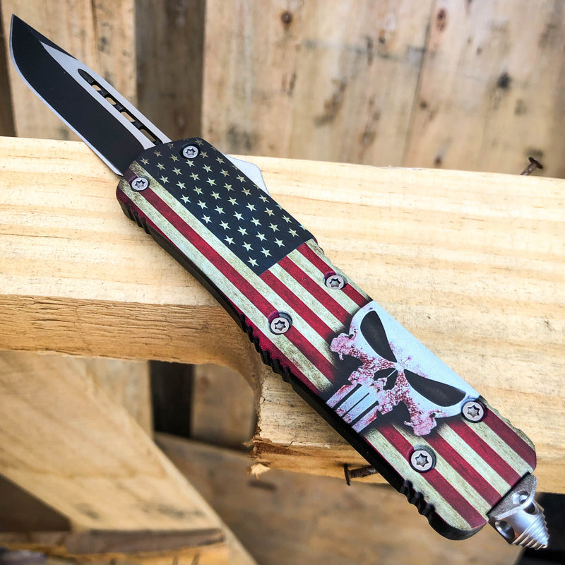 USA American Flag Punisher Skull OTF Knife