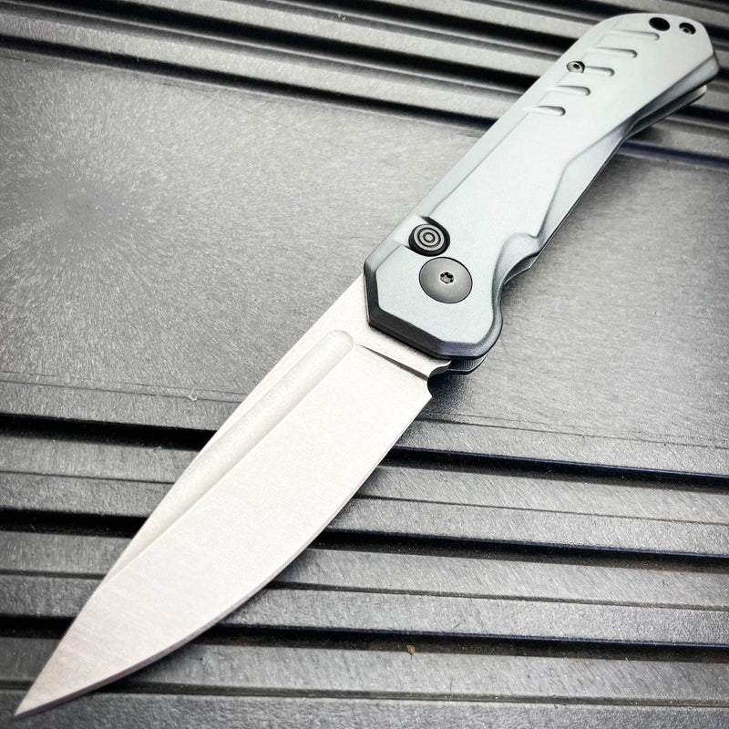 Clip Point Military Switch Blade Pocket Knife Grey - BLADE ADDICT