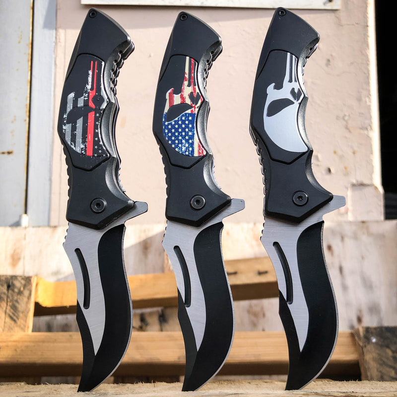 8" BLACK Spring Opening Assisted SKULL Folding Pocket Knife Blade