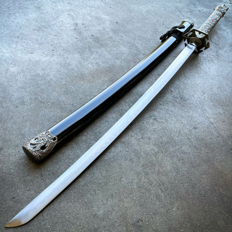 39" White Dragon SAMURAI NINJA Bushido KATANA Japanese Sword Steel Blade Tsuba - BLADE ADDICT