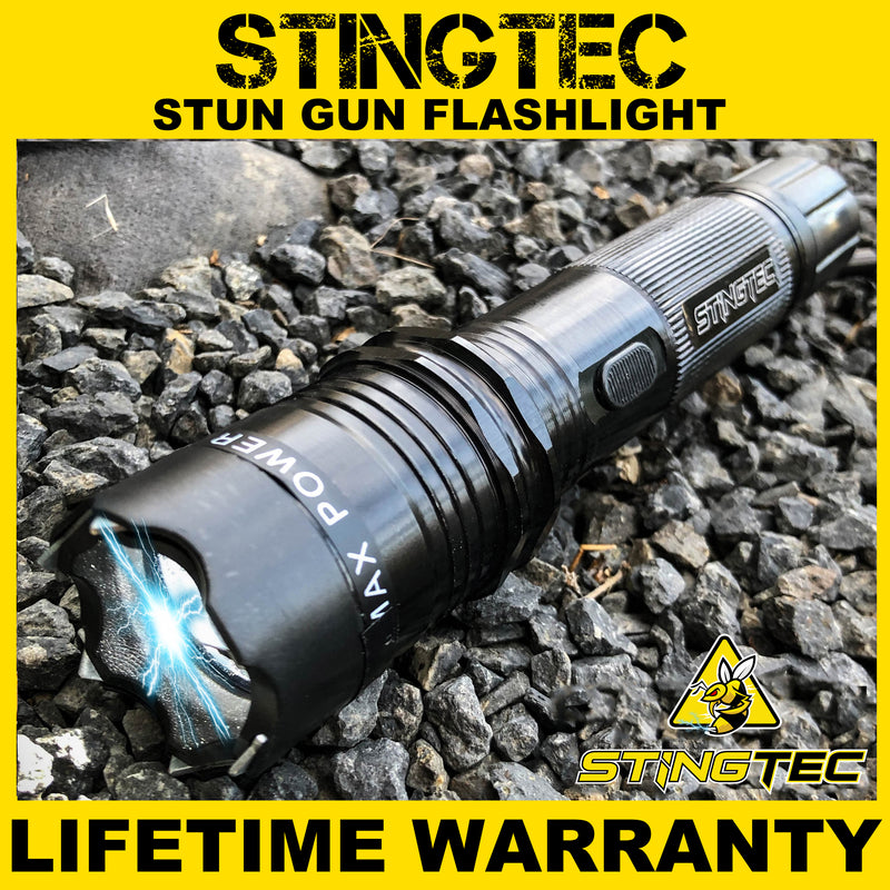 STINGTEC BLACK METAL Stun Gun MAX POWER Rechargeable LED Flashlight w/ Case