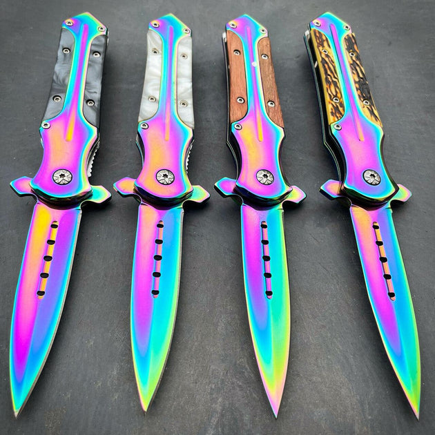 Guys Ladies Rainbow Multi Color All Metal Spring Assisted Pocket Knife 4.2  oz.