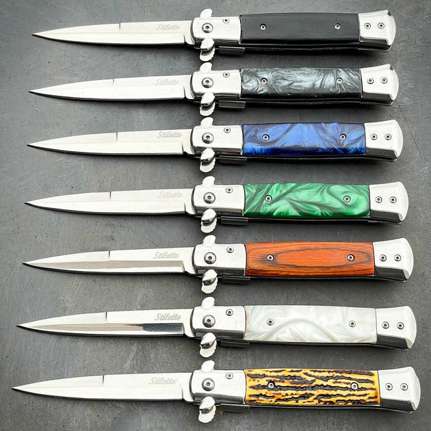 9 LIMITED EDITION RAINBOW STILETTO SPRING ASSISTED FOLDING POCKET KNIFE  open