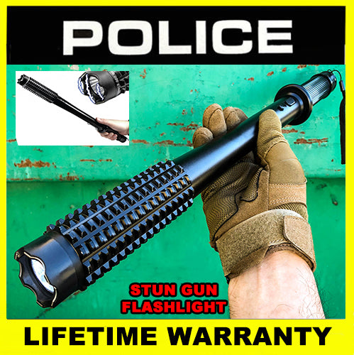 Tactical BAT Style LED Flashlight Heavy Duty Stun Gun LONG Aluminum Alloy Multi-Tool Self Defense