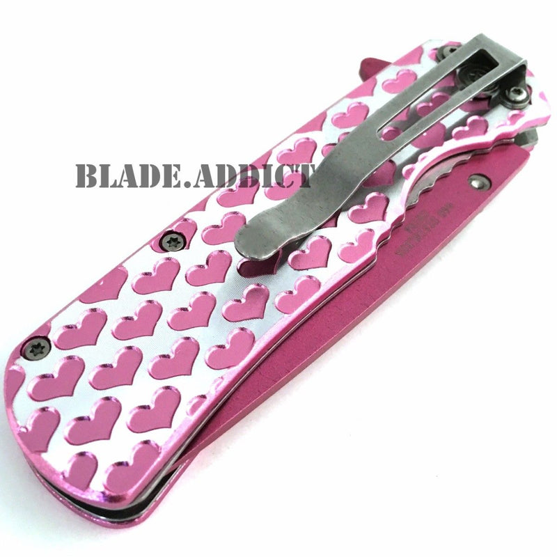 8" Ladies Pink HEARTS TACTICAL Combat Spring Assisted Open Pocket Knife Women