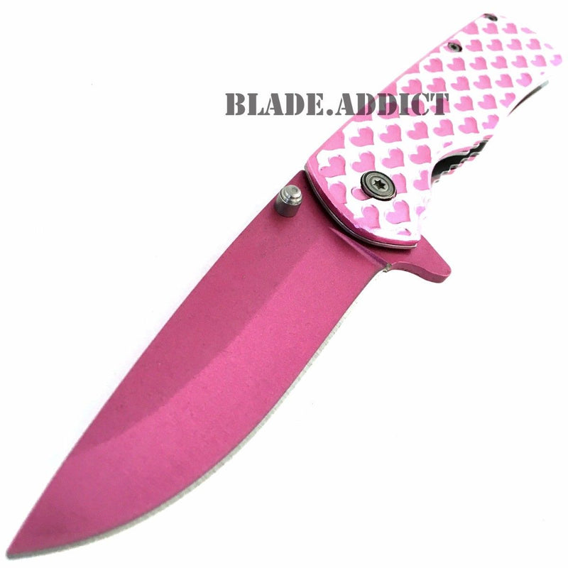 8" Ladies Pink HEARTS TACTICAL Combat Spring Assisted Open Pocket Knife Women