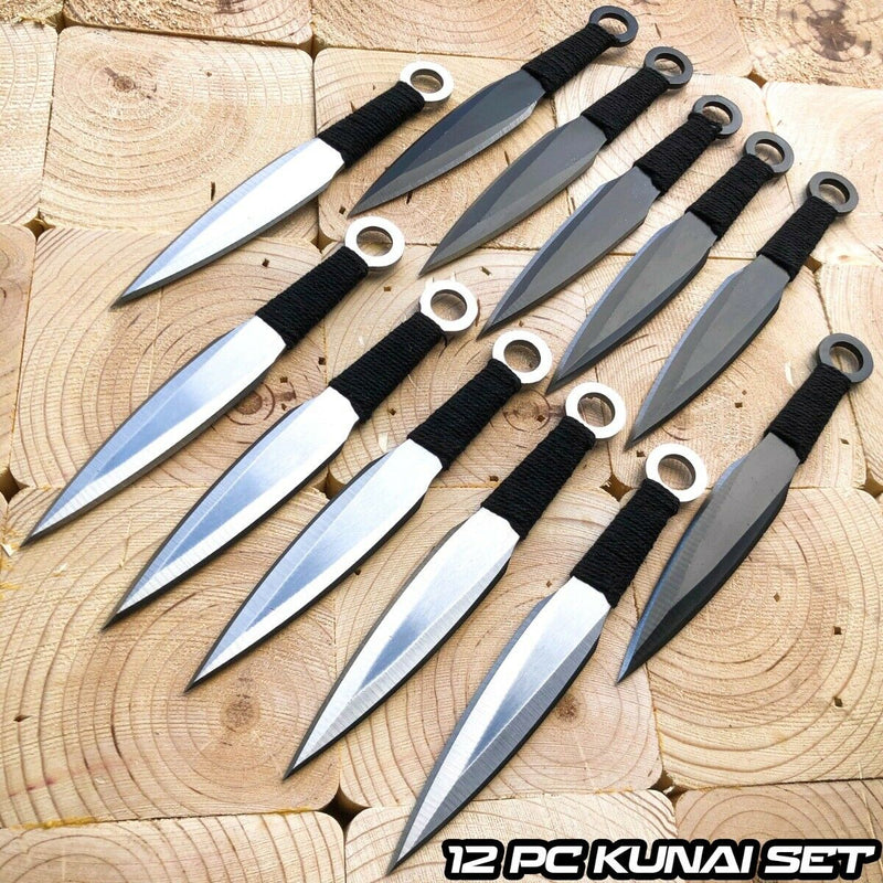12PC 6.75" Black Silver Ninja Throwing  Knife Kunai Knives