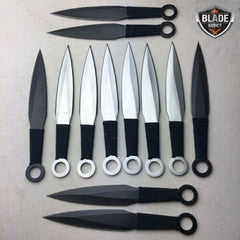 12 PC Ninja Tactical Kunai Throwing Knife Set Silver w/ Black Mix