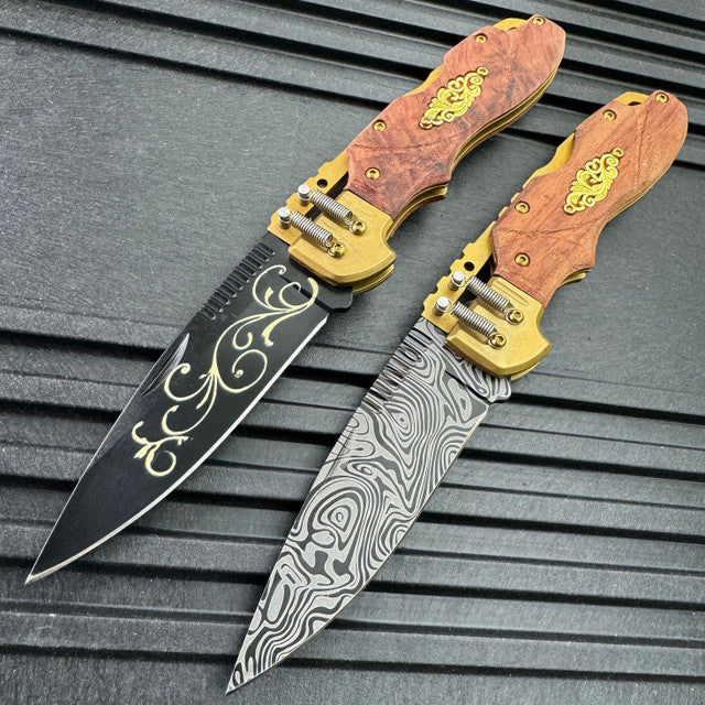 S-TEC Steampunk Spine Lock A/O Folding Knife 3.5" Damascus Steel Blade Wood