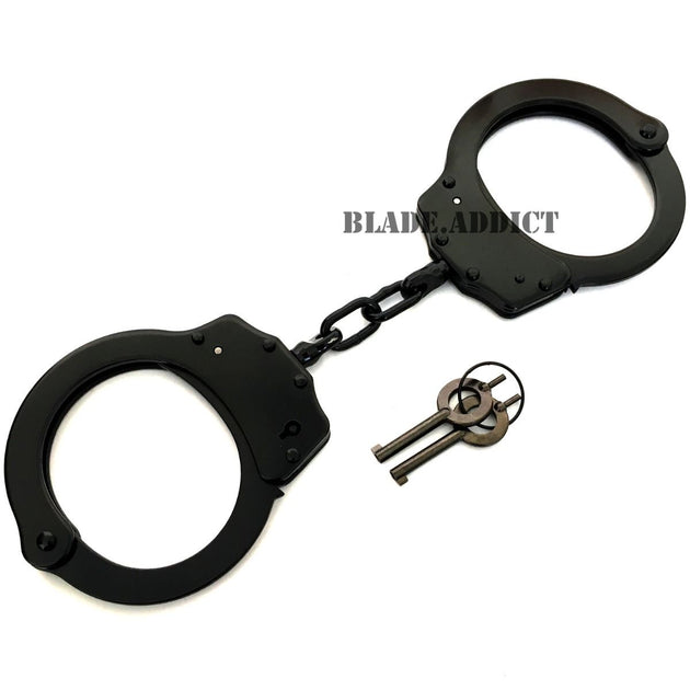 Professional Double Lock Black Steel Police Handcuffs w/ Keys Authenti ...