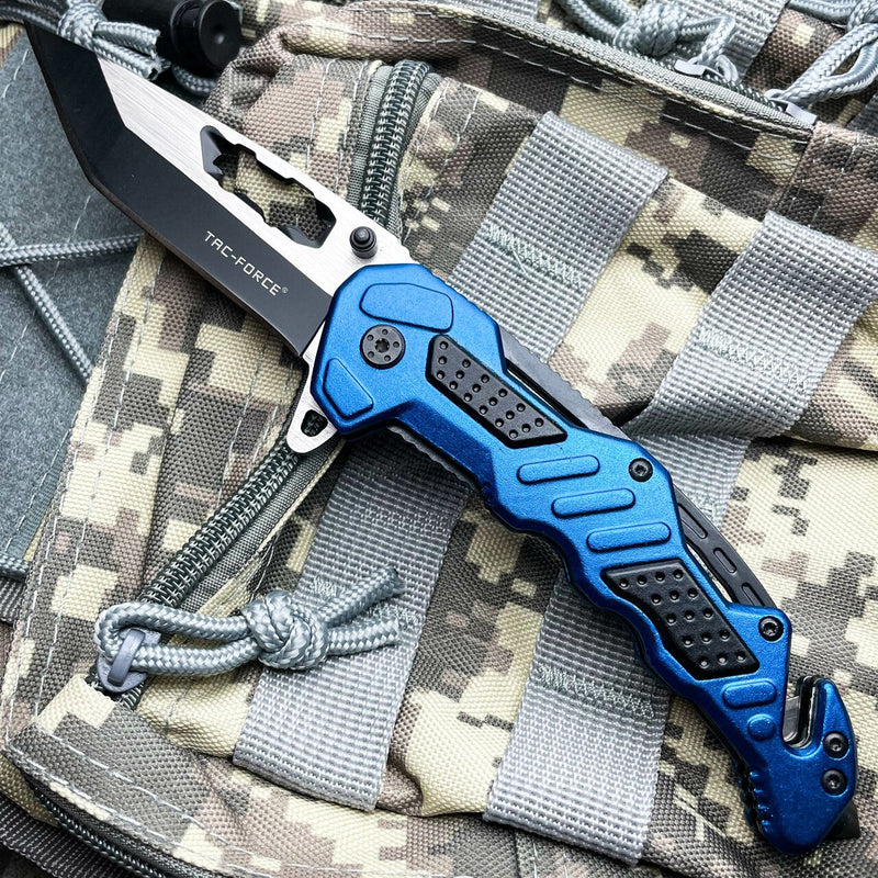 8.25" Tac- Force Blue MILITARY TANTO Rescue Spring Open Assisted Pocket Knife - BLADE ADDICT