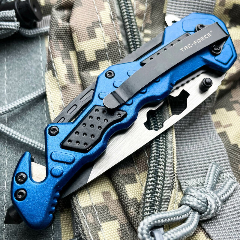 8.25" Tac- Force Blue MILITARY TANTO Rescue Spring Open Assisted Pocket Knife - BLADE ADDICT