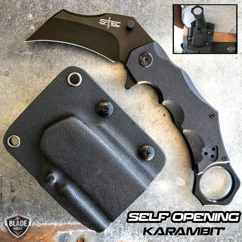 MEGAKNIFE Folding Karambit Self Opening Pocket Knife w/ Belt Sheath