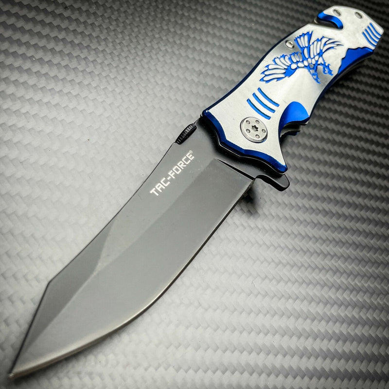 8" Tactical Fantasy Blue EAGLE Spring Assisted Open Rescue Folding Pocket Knife - BLADE ADDICT