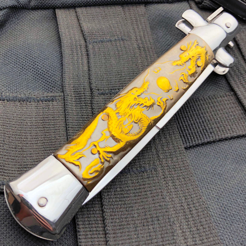 9.5" Italian Style Stiletto Switch Blade Pocket Knife Dragon