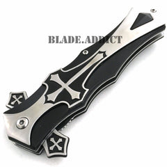 MEGAKNIFE Spring Assisted Open CELTIC CROSS Folding Blade STILETTO Pocket Knife BK