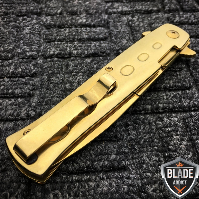 8.5" LIMITED EDITION GOLD STILETTO SPRING ASSISTED FOLDING POCKET KNIFE open