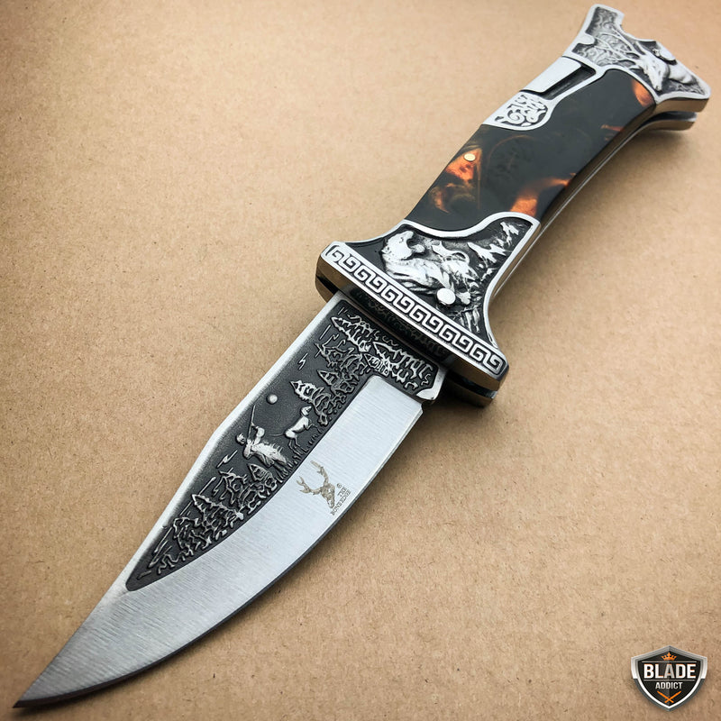 9" Back Lock Tactical Folding Pocket Knife Hunting Blade Engraved 3CR13 S Steel