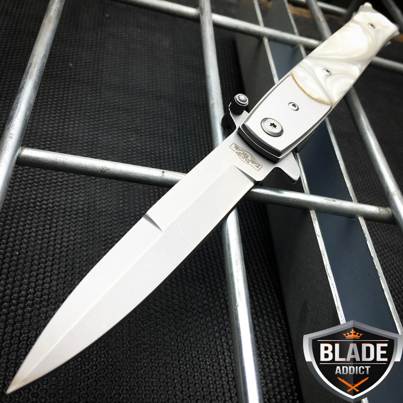 9" Italian  Milano Stiletto Tactical Spring Assisted Open Pocket Knife Pearl