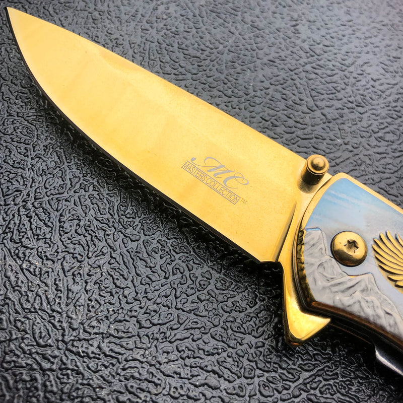 8" Gold BALD EAGLE Titanium Assisted Open Spring Blade Folding Pocket Knife NEW