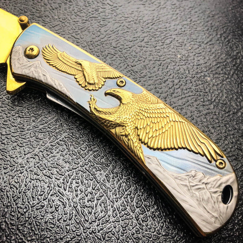 8" Gold BALD EAGLE Titanium Assisted Open Spring Blade Folding Pocket Knife NEW