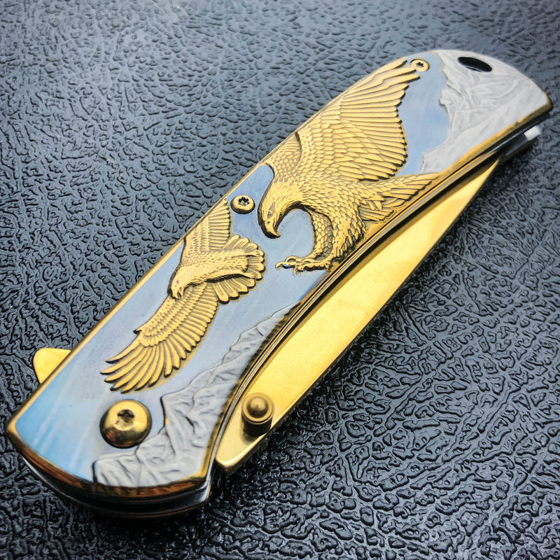 8" Gold BALD EAGLE Titanium Assisted Open Spring Blade Folding Pocket Knife NEW