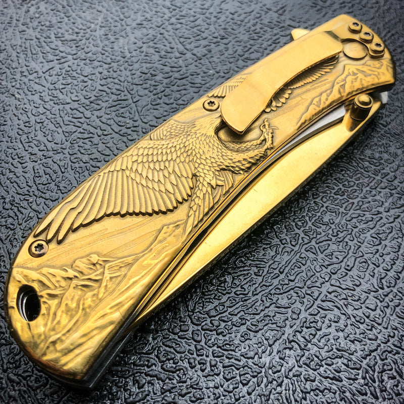 8" Gold BALD EAGLE Titanium Assisted Open Spring Blade Folding Pocket Knife NEW