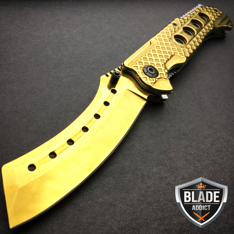 9" TACTICAL Razor Spring Assisted Open Folding Pocket Knife GOLD CLEAVER New