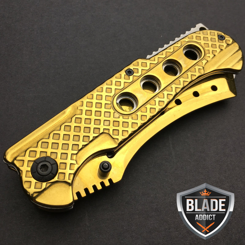 9" TACTICAL Razor Spring Assisted Open Folding Pocket Knife GOLD CLEAVER New