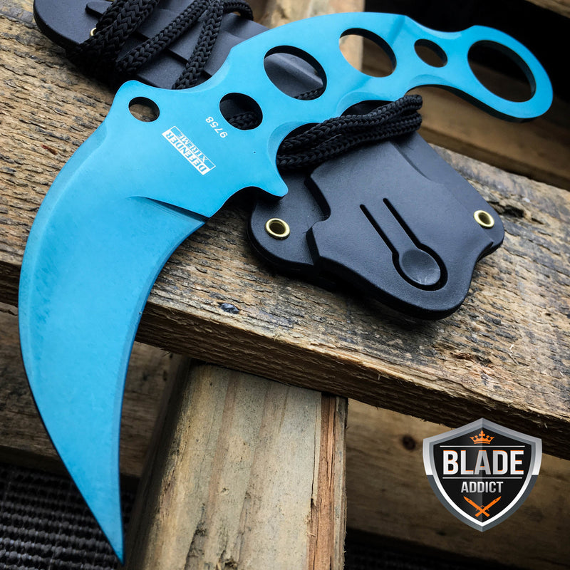 TACTICAL BLUE COMBAT KARAMBIT NECK KNIFE Survival Hunting BOWIE FIXED BLADE