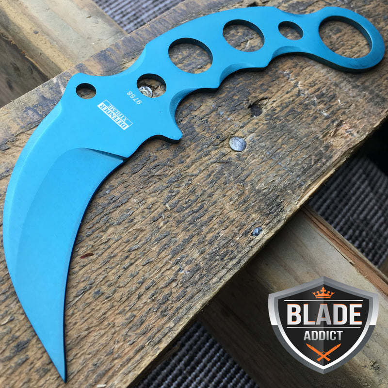 TACTICAL BLUE COMBAT KARAMBIT NECK KNIFE Survival Hunting BOWIE FIXED BLADE