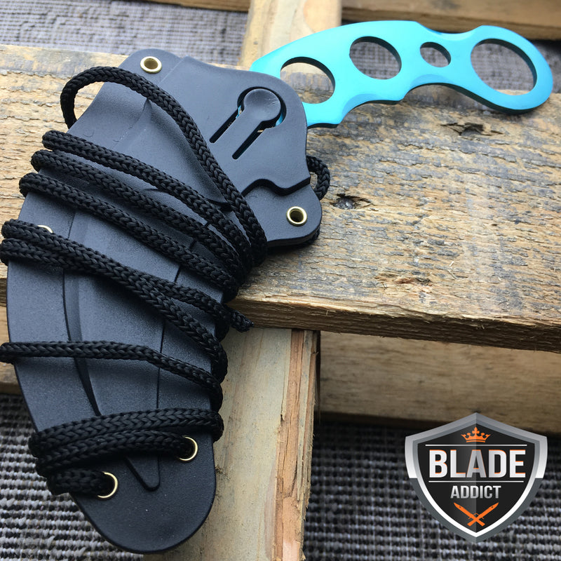 TACTICAL BLUE COMBAT KARAMBIT NECK KNIFE Survival Hunting BOWIE FIXED BLADE