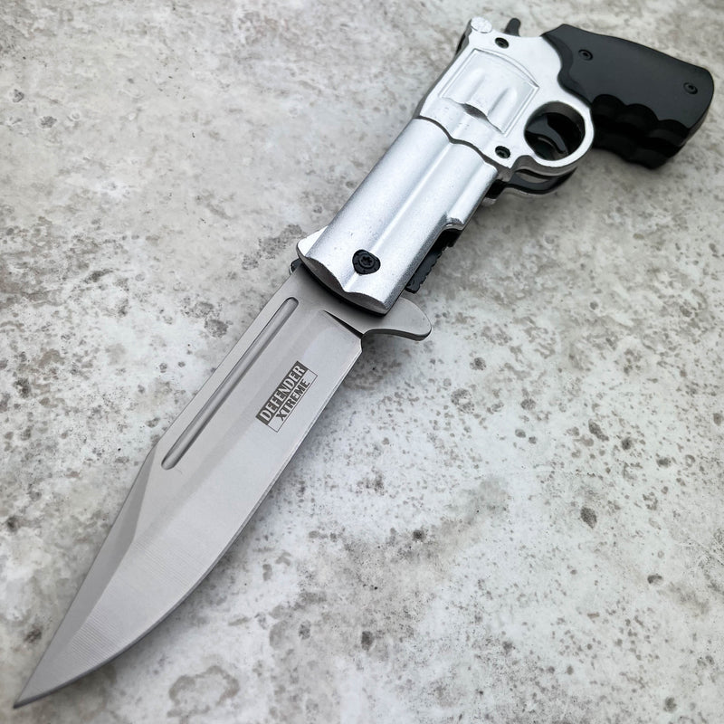 9" Tactical REVOLVER Pistol Replica Gun Spring OPEN Assisted Fold Pocket Knife Silver - BLADE ADDICT