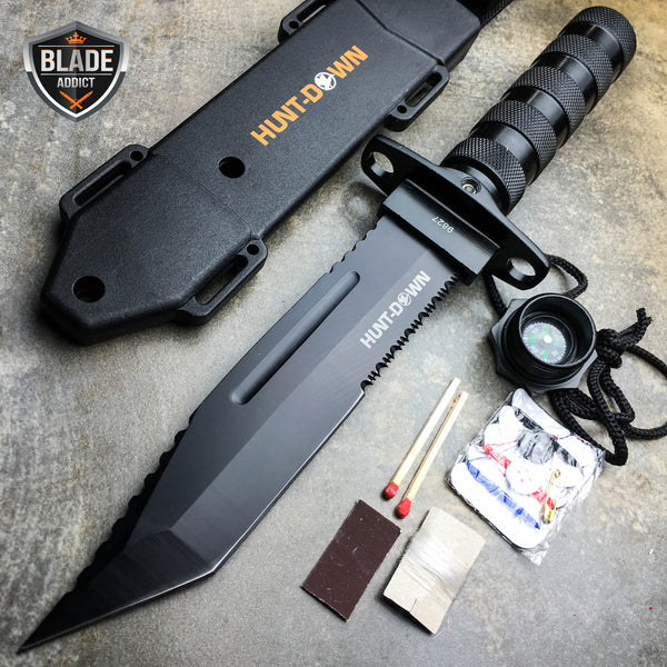 12 Tactical Camping Hunting Rambo Fixed Blade Knife Chrome Bowie +  Survival KIT - MEGAKNIFE