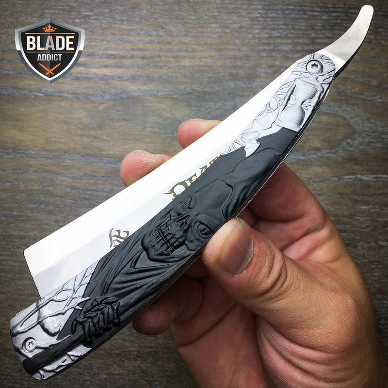 Grim Reaper Straight Blade Barber Razor Folding Pocket Knife Shaving Throat