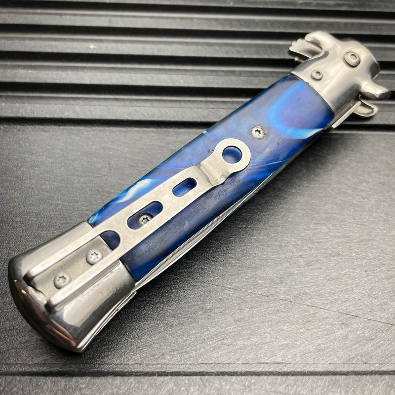 9" Premium Italian Milano Stiletto Tactical Spring Assisted Pocket Knife Blue - BLADE ADDICT