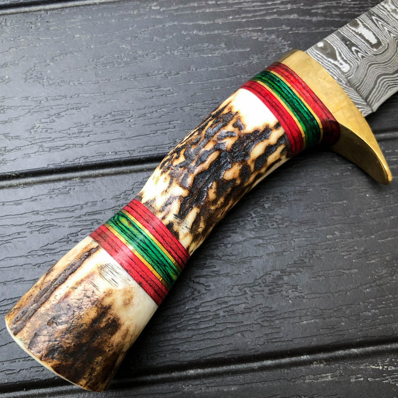 7.5" Damascus Steel Survival Hunting FIXED BLADE Skinner Knife Stag Horn Handle