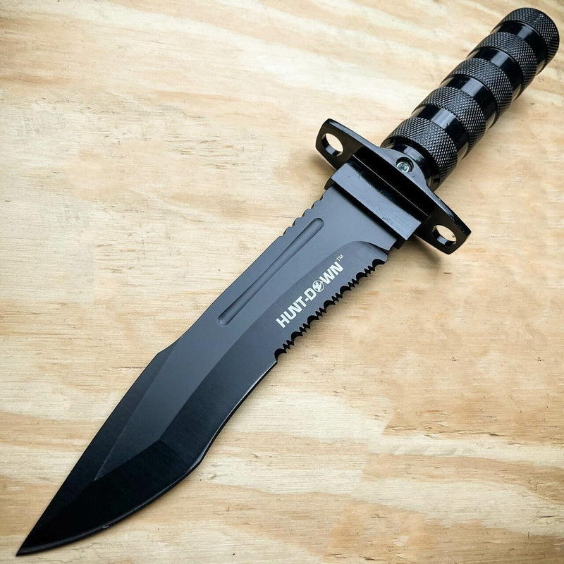12 Tactical Camping Hunting Rambo Fixed Blade Knife BLACK Bowie + Sur