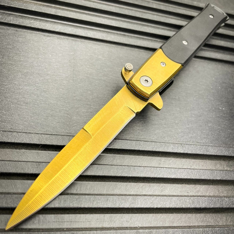 8.5" Italian Milano Stiletto Tactical Spring Assisted Open Pocket Knife Blade Gold - BLADE ADDICT