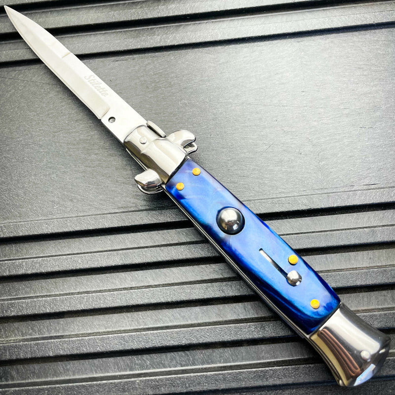 8.75" Italian Stiletto Switch Blade Pocket Knife Blue - BLADE ADDICT